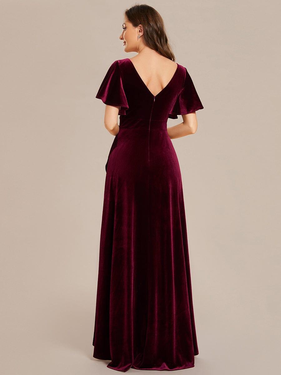 Elegant V-Neck Short Sleeves A-Line Velvet Evening Dress