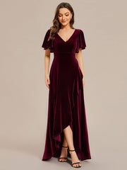 Elegant V-Neck Short Sleeves A-Line Velvet Evening Dress