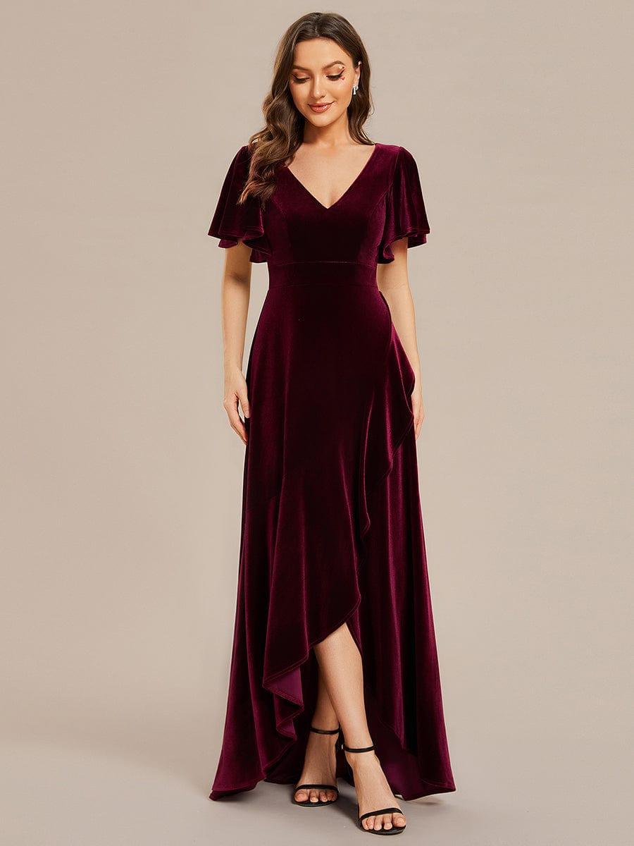 Elegant V-Neck Short Sleeves A-Line Velvet Evening Dress