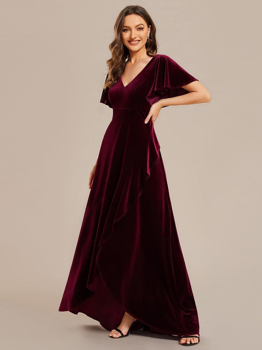 Elegant V-Neck Short Sleeves A-Line Velvet Evening Dress