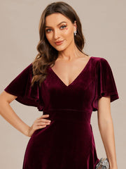 Elegant V-Neck Short Sleeves A-Line Velvet Evening Dress