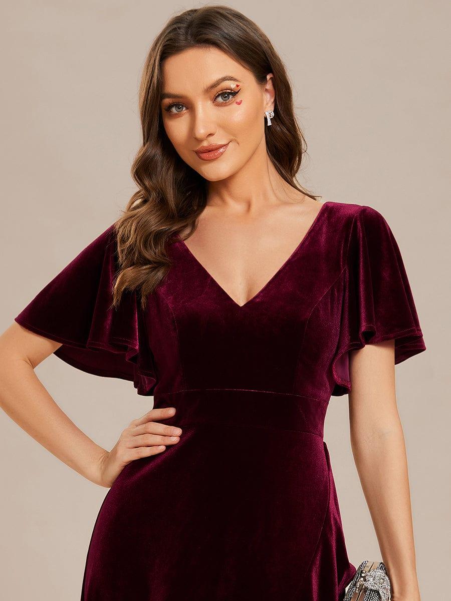 Elegant V-Neck Short Sleeves A-Line Velvet Evening Dress