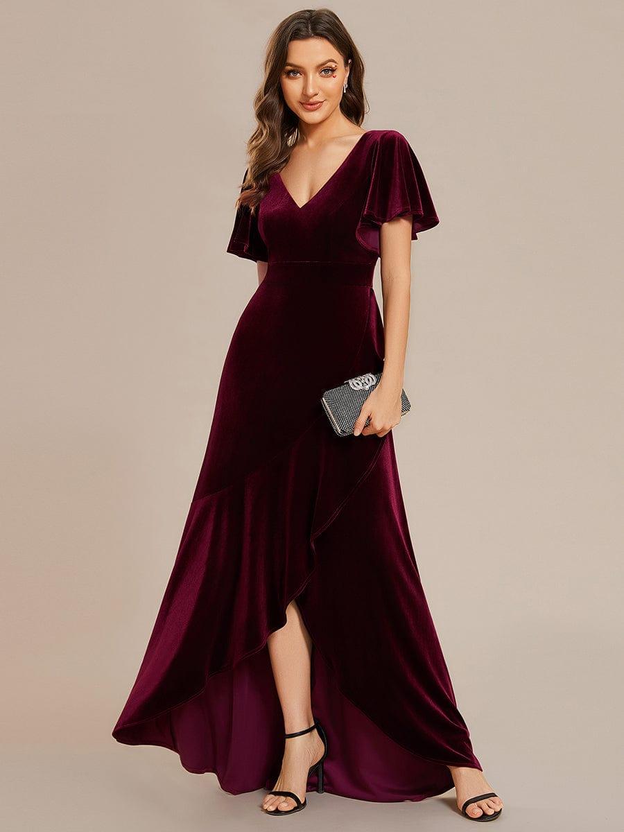 Elegant V-Neck Short Sleeves A-Line Velvet Evening Dress
