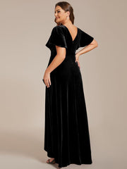 Elegant V-Neck Short Sleeves A-Line Velvet Evening Dress