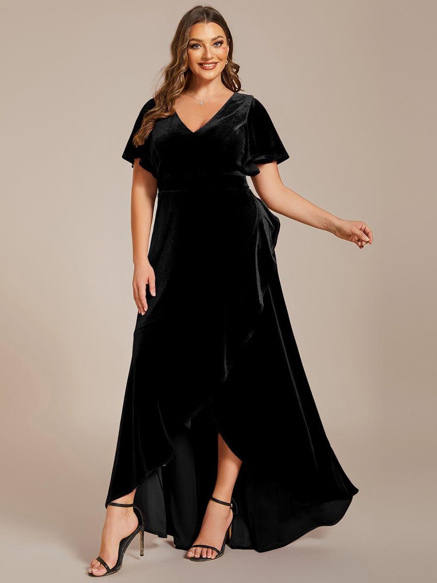 Elegant V-Neck Short Sleeves A-Line Velvet Evening Dress