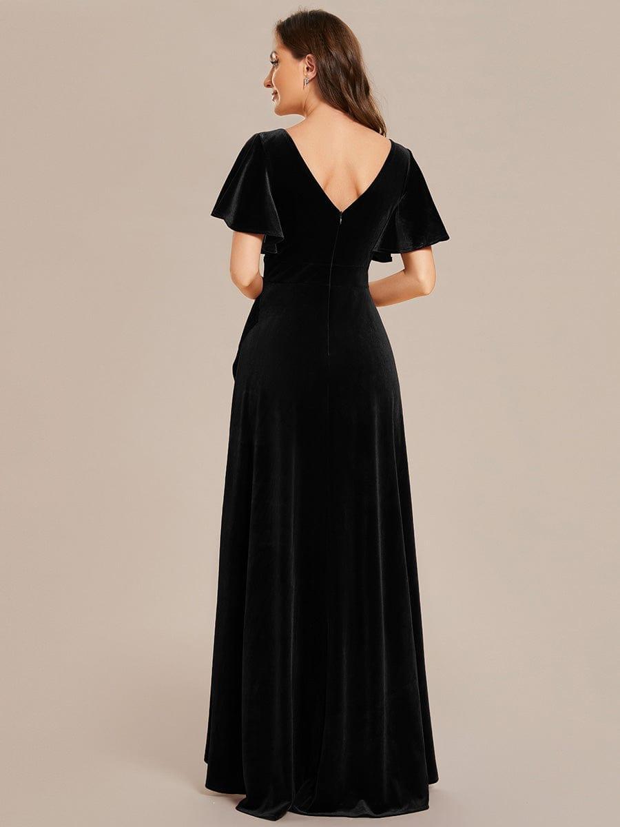 Elegant V-Neck Short Sleeves A-Line Velvet Evening Dress