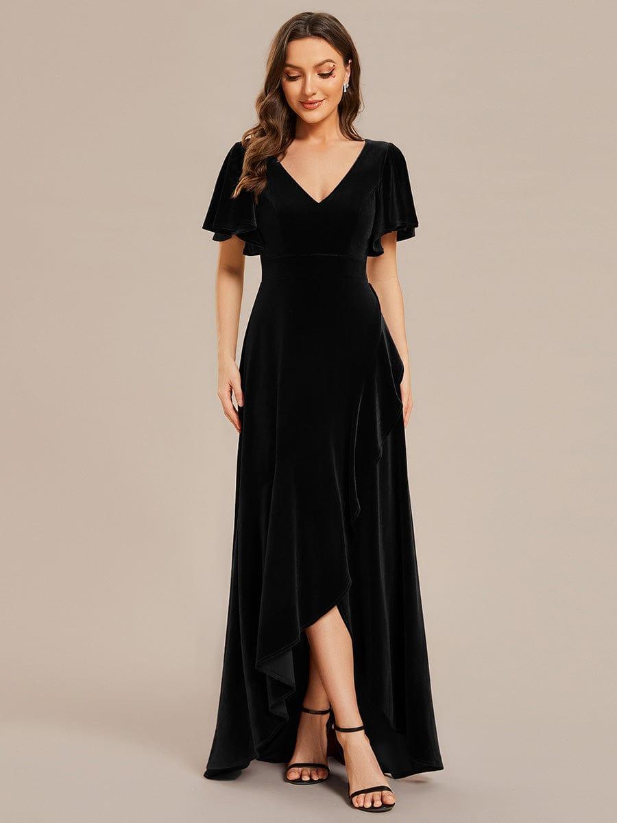 Elegant V-Neck Short Sleeves A-Line Velvet Evening Dress