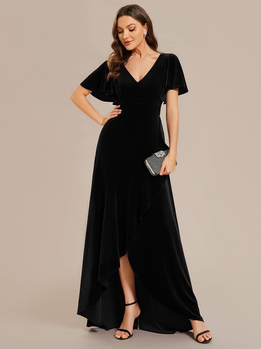Elegant V-Neck Short Sleeves A-Line Velvet Evening Dress