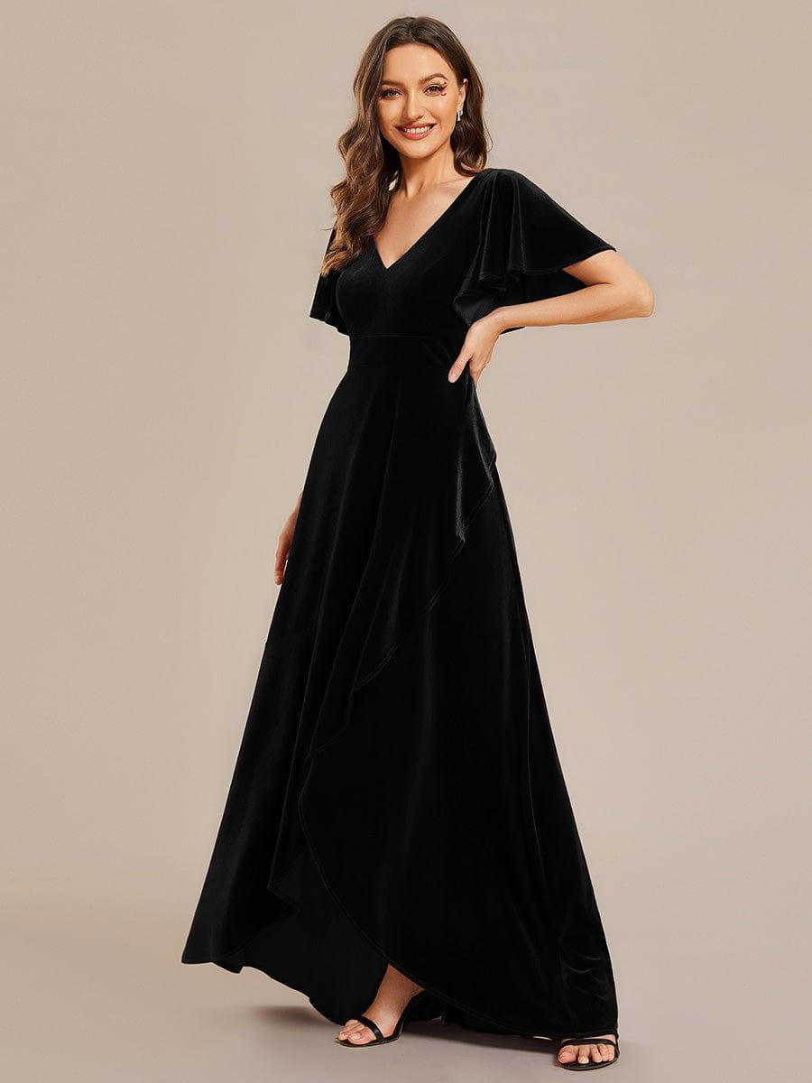 Elegant V-Neck Short Sleeves A-Line Velvet Evening Dress