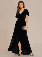 Elegant V-Neck Short Sleeves A-Line Velvet Evening Dress