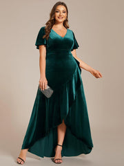 Elegant V-Neck Short Sleeves A-Line Velvet Evening Dress
