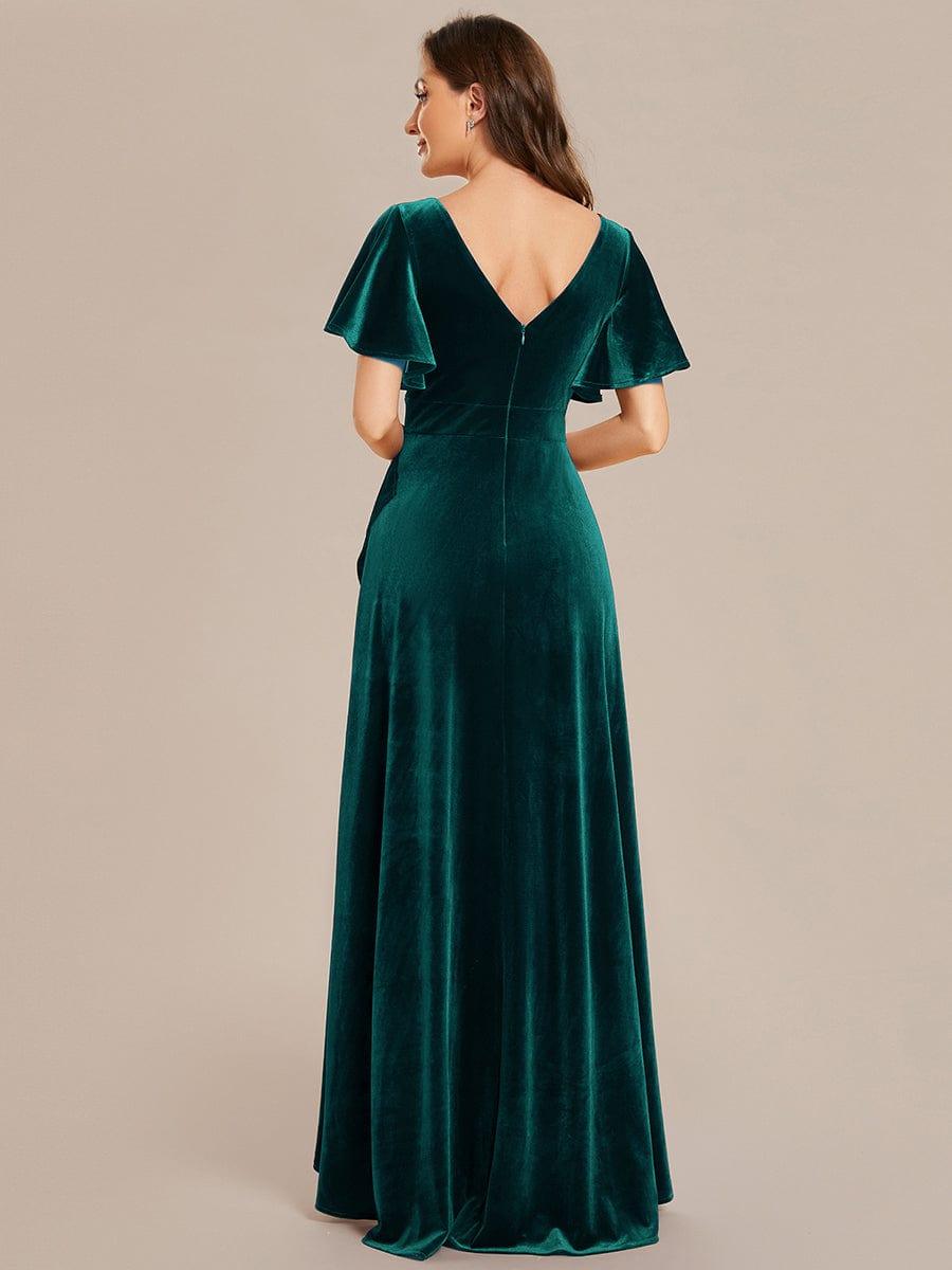 Elegant V-Neck Short Sleeves A-Line Velvet Evening Dress