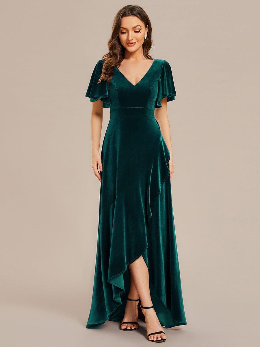 Elegant V-Neck Short Sleeves A-Line Velvet Evening Dress