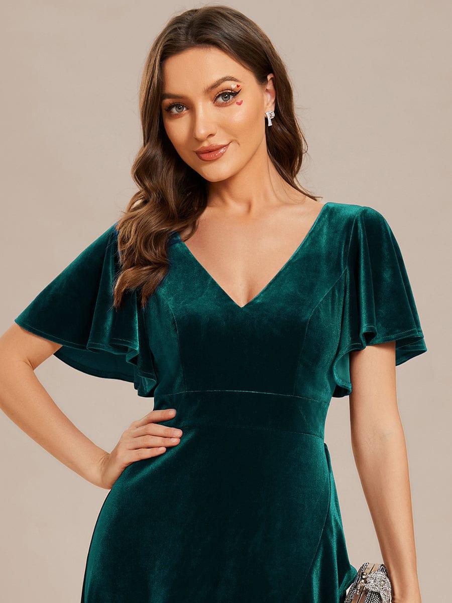 Elegant V-Neck Short Sleeves A-Line Velvet Evening Dress