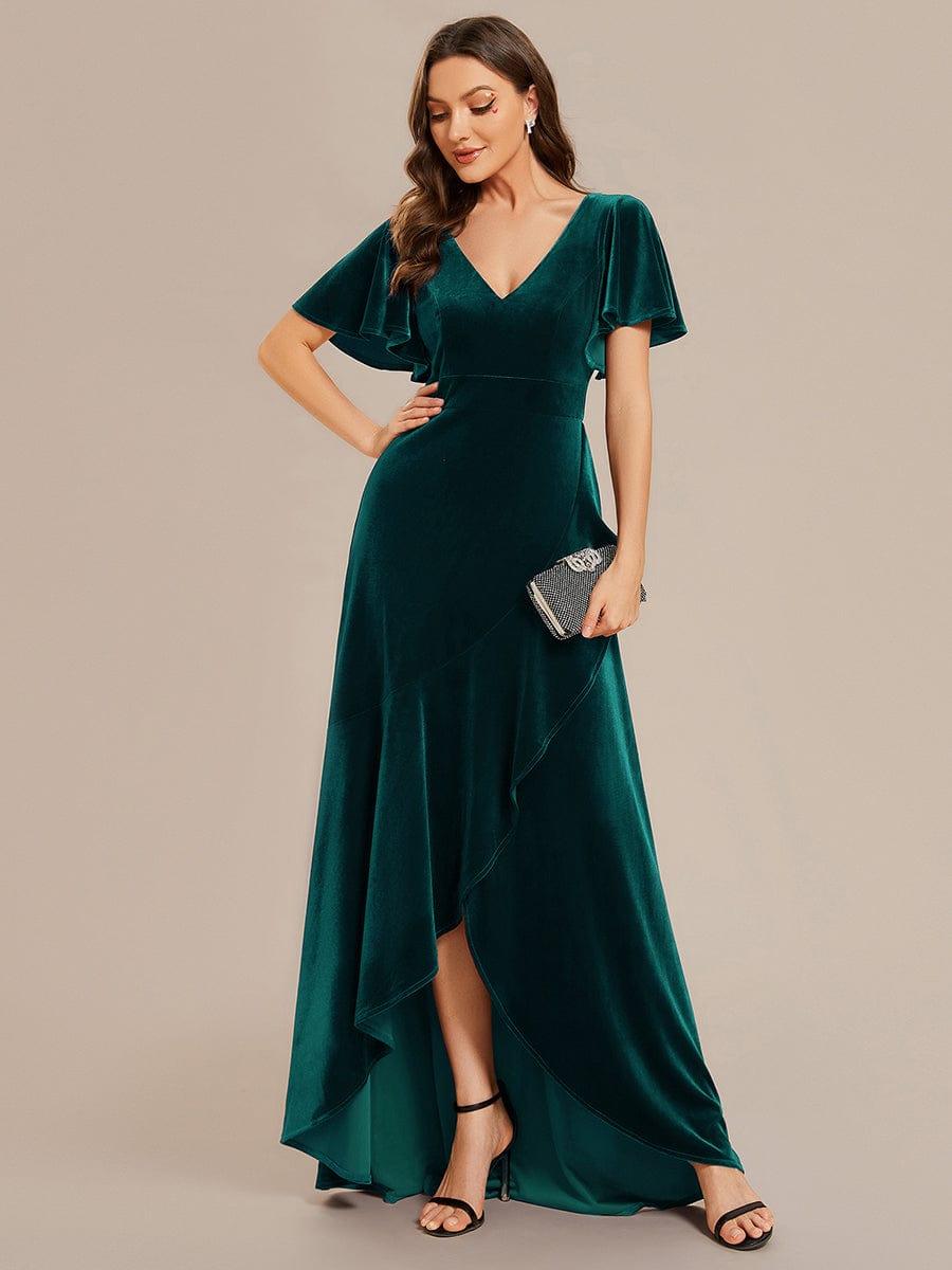 Elegant V-Neck Short Sleeves A-Line Velvet Evening Dress