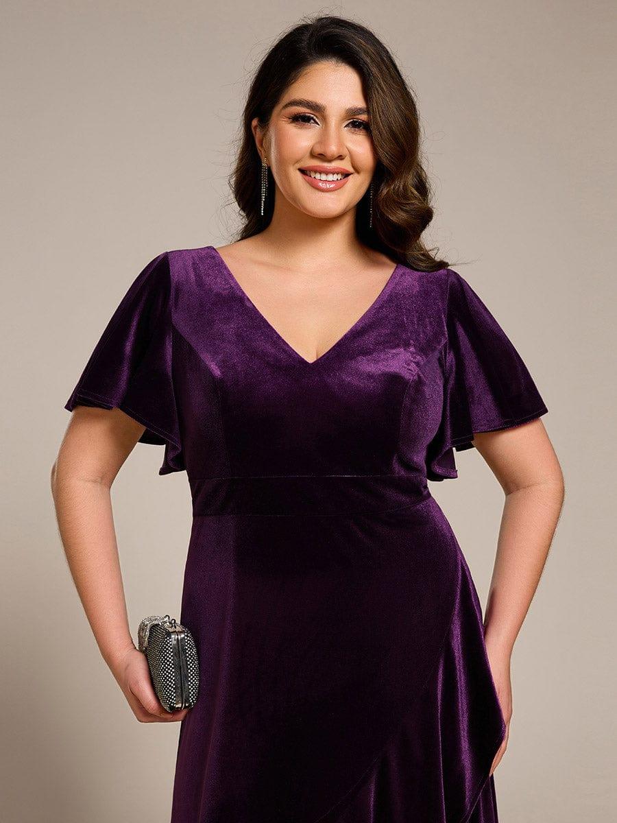 Elegant V-Neck Short Sleeves A-Line Velvet Evening Dress