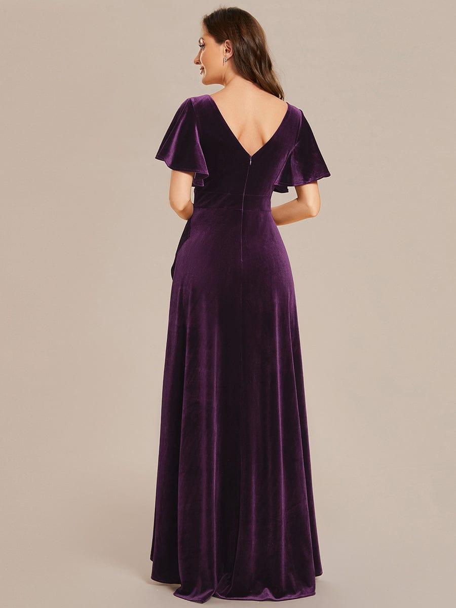 Elegant V-Neck Short Sleeves A-Line Velvet Evening Dress