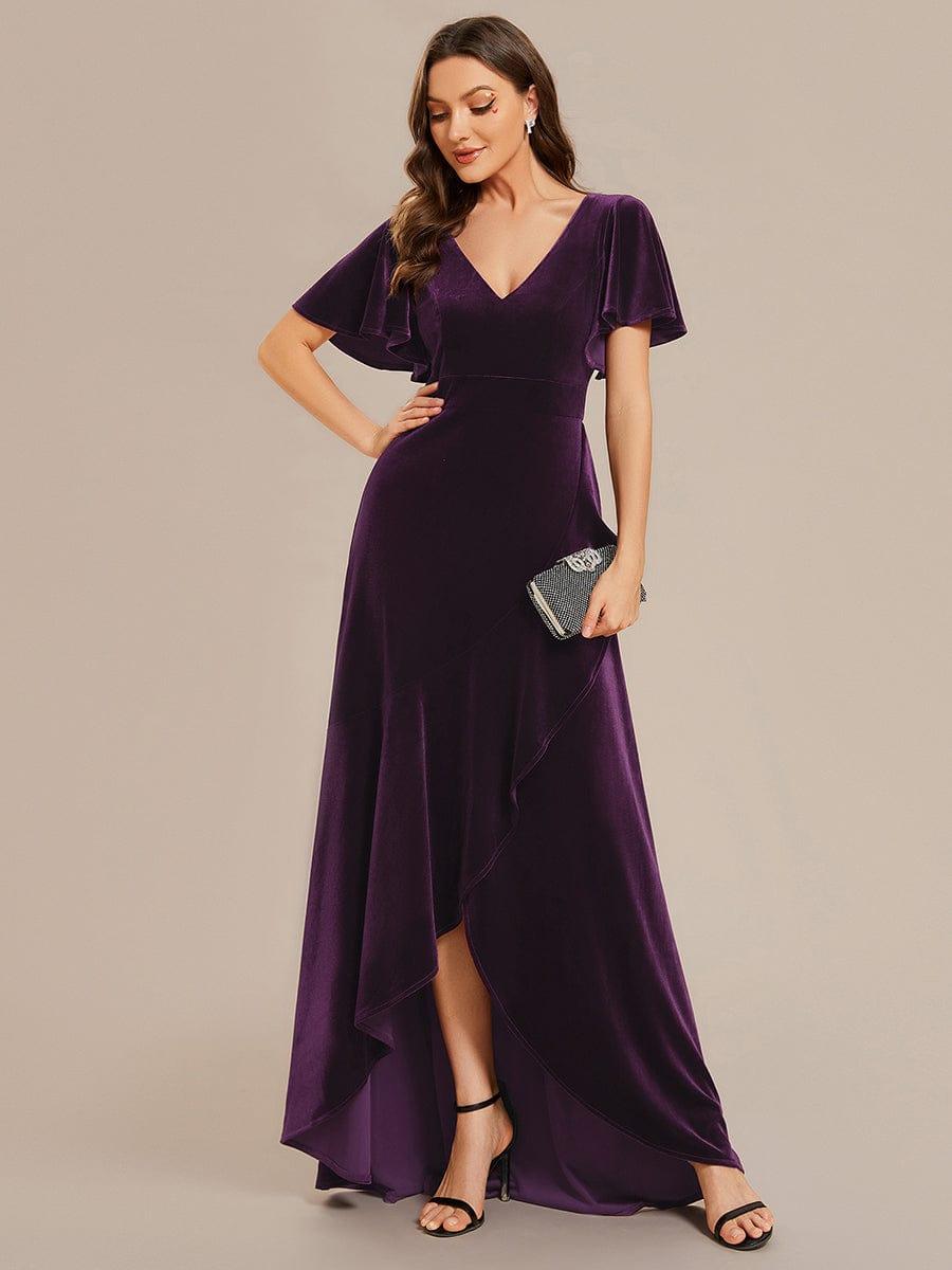 Elegant V-Neck Short Sleeves A-Line Velvet Evening Dress