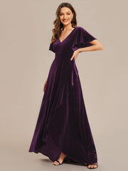 Elegant V-Neck Short Sleeves A-Line Velvet Evening Dress