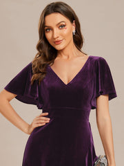 Elegant V-Neck Short Sleeves A-Line Velvet Evening Dress