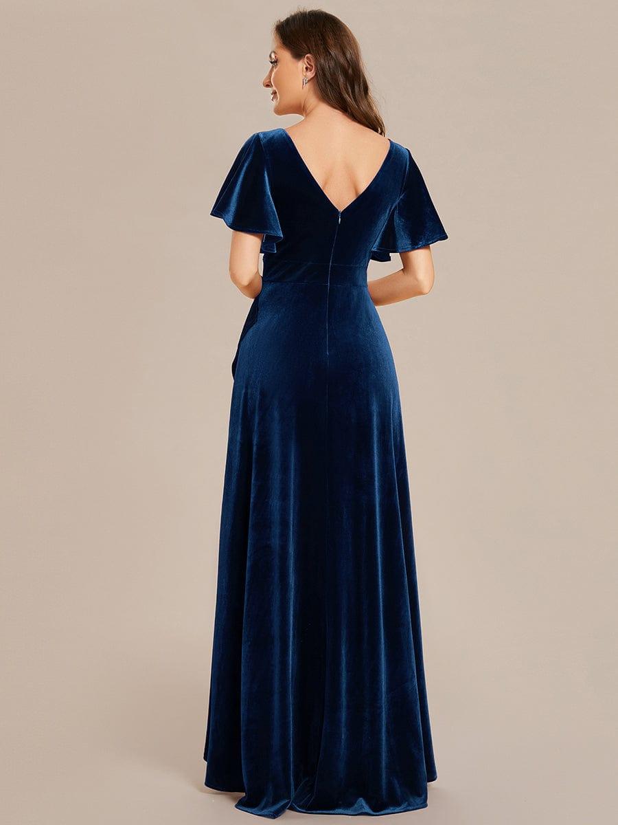 Elegant V-Neck Short Sleeves A-Line Velvet Evening Dress