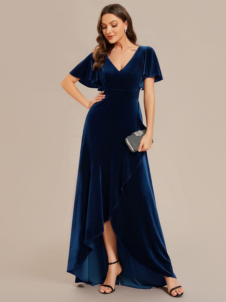 Elegant V-Neck Short Sleeves A-Line Velvet Evening Dress