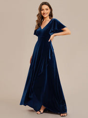 Elegant V-Neck Short Sleeves A-Line Velvet Evening Dress