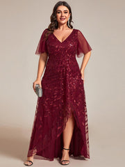 Classic Plus Size Hi-Lo Sequin V-Neck Formal Evening Dress with Short Sleeves