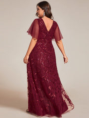 Classic Plus Size Hi-Lo Sequin V-Neck Formal Evening Dress with Short Sleeves