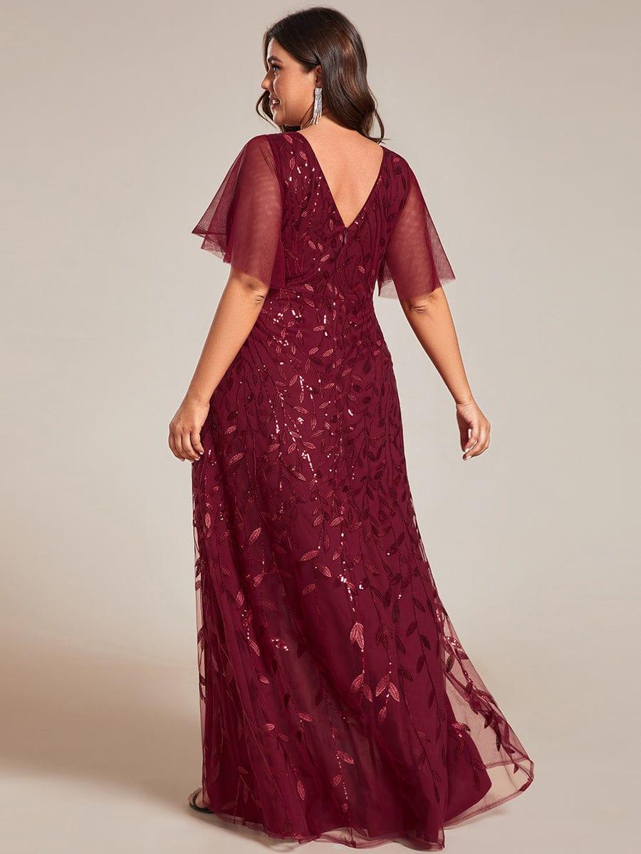 Classic Plus Size Hi-Lo Sequin V-Neck Formal Evening Dress with Short Sleeves
