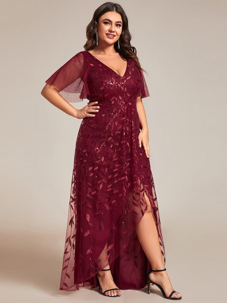 Classic Plus Size Hi-Lo Sequin V-Neck Formal Evening Dress with Short Sleeves