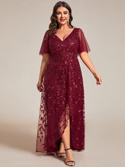 Classic Plus Size Hi-Lo Sequin V-Neck Formal Evening Dress with Short Sleeves