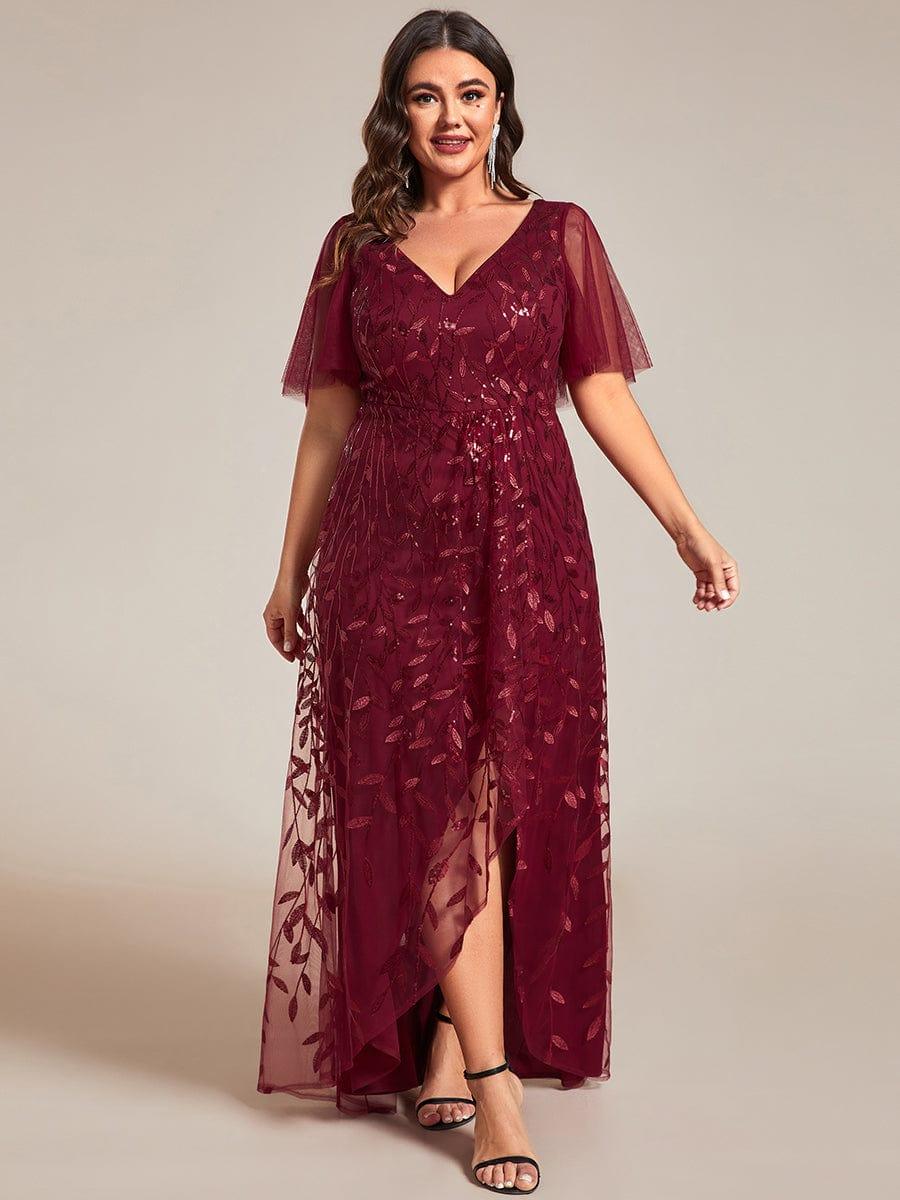 Classic Plus Size Hi-Lo Sequin V-Neck Formal Evening Dress with Short Sleeves