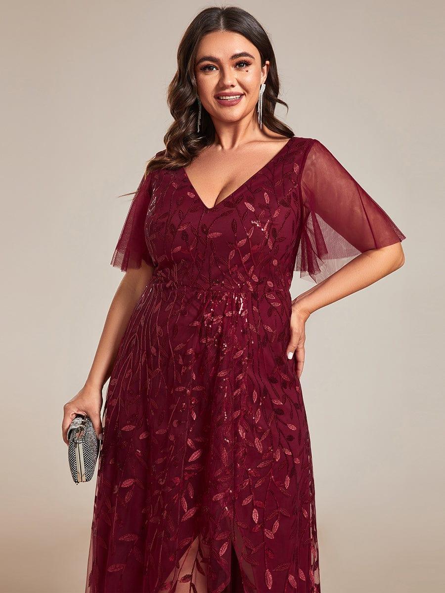Classic Plus Size Hi-Lo Sequin V-Neck Formal Evening Dress with Short Sleeves