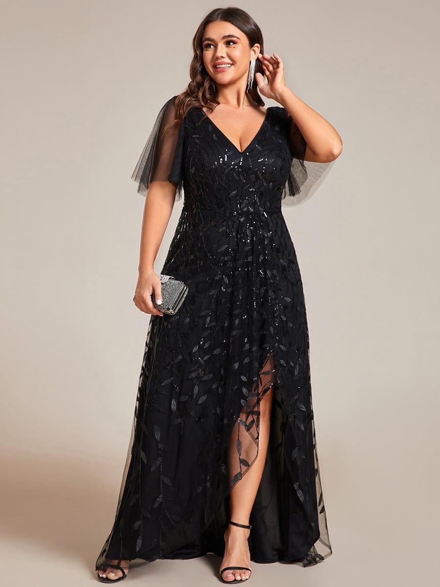 Classic Plus Size Hi-Lo Sequin V-Neck Formal Evening Dress with Short Sleeves