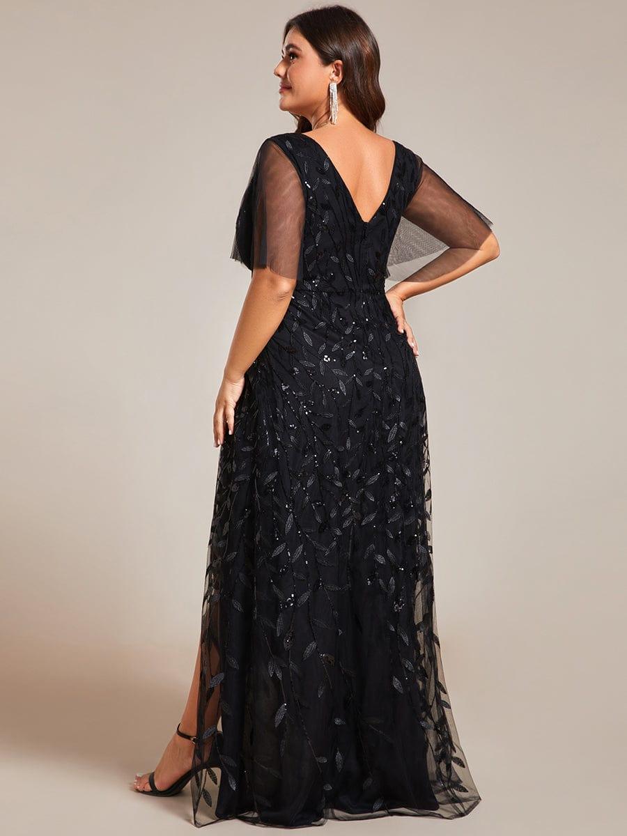 Classic Plus Size Hi-Lo Sequin V-Neck Formal Evening Dress with Short Sleeves
