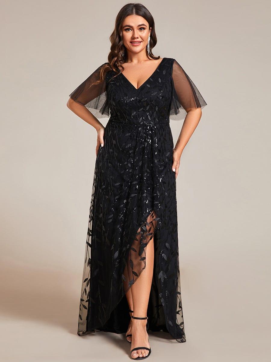 Classic Plus Size Hi-Lo Sequin V-Neck Formal Evening Dress with Short Sleeves