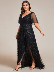 Classic Plus Size Hi-Lo Sequin V-Neck Formal Evening Dress with Short Sleeves