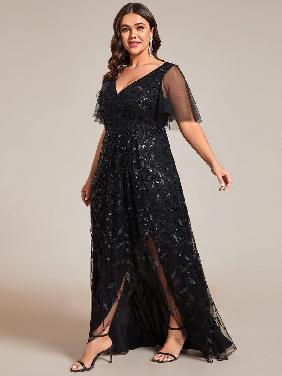 Classic Plus Size Hi-Lo Sequin V-Neck Formal Evening Dress with Short Sleeves