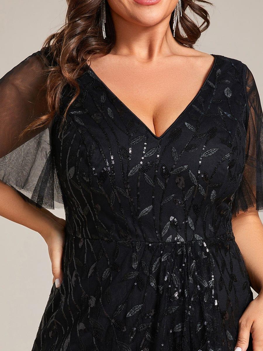 Classic Plus Size Hi-Lo Sequin V-Neck Formal Evening Dress with Short Sleeves