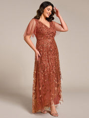 Classic Plus Size Hi-Lo Sequin V-Neck Formal Evening Dress with Short Sleeves