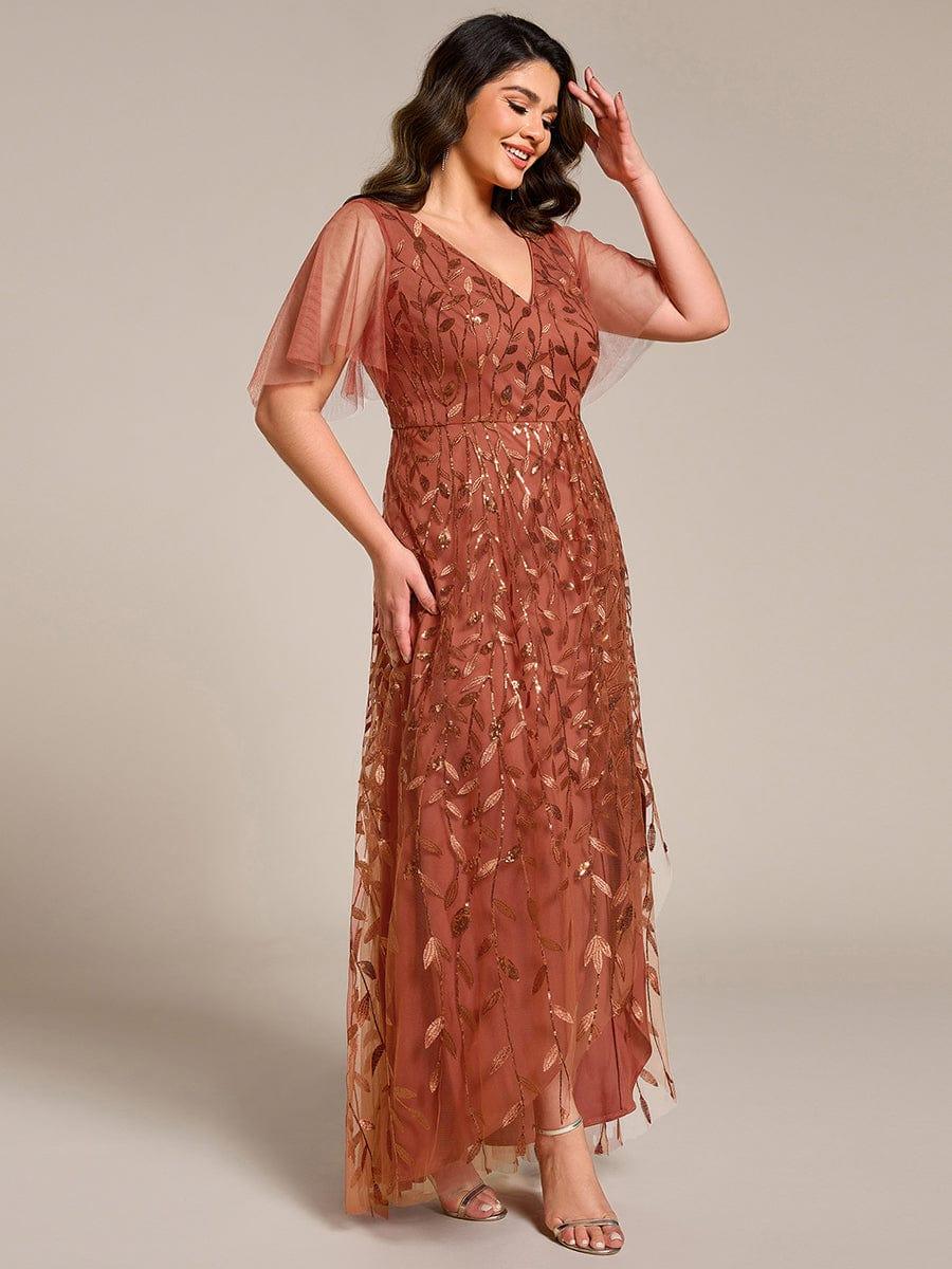 Classic Plus Size Hi-Lo Sequin V-Neck Formal Evening Dress with Short Sleeves