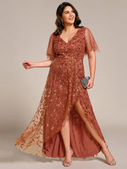Classic Plus Size Hi-Lo Sequin V-Neck Formal Evening Dress with Short Sleeves
