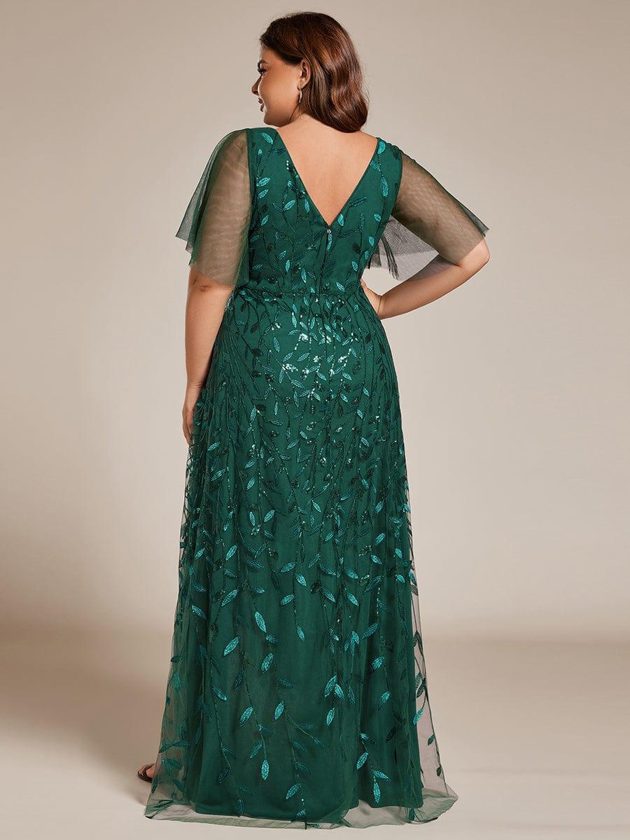 Classic Plus Size Hi-Lo Sequin V-Neck Formal Evening Dress with Short Sleeves
