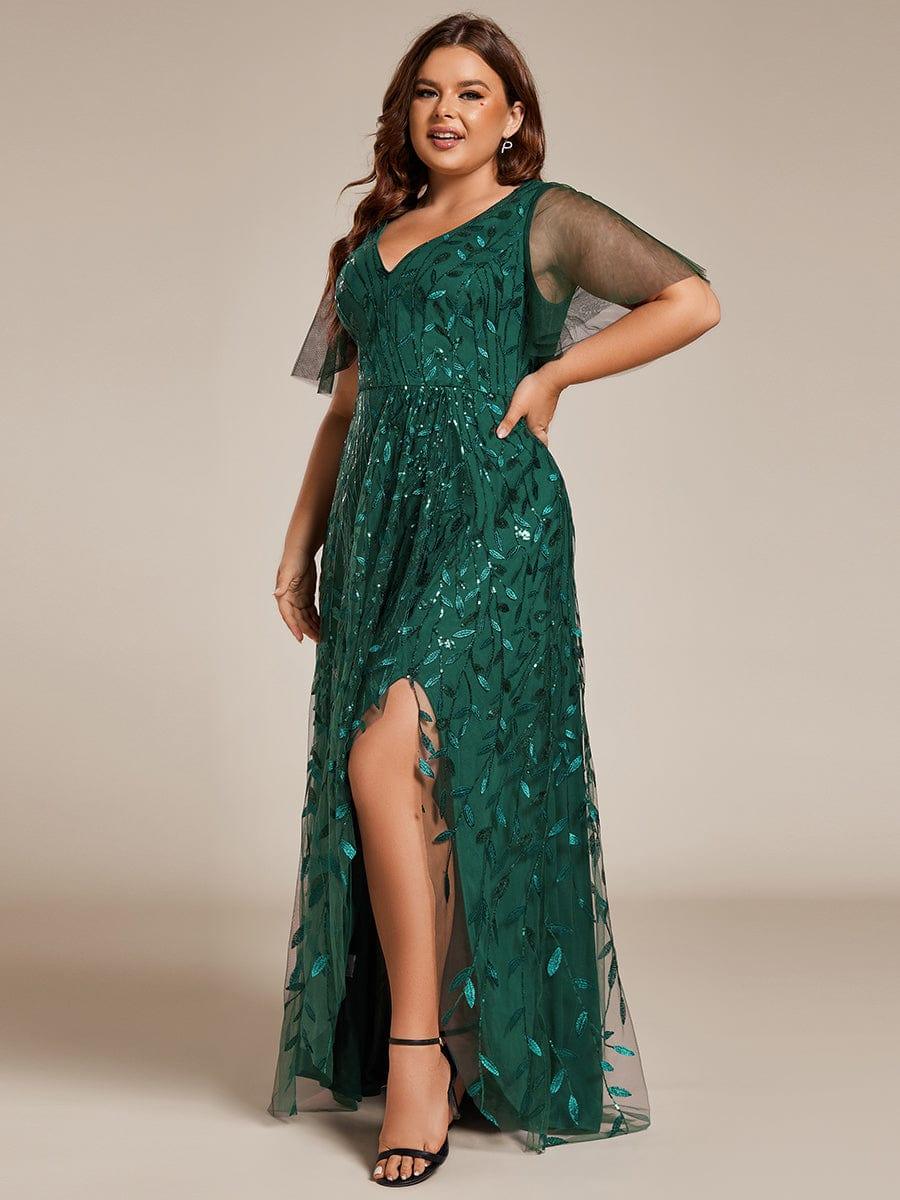 Classic Plus Size Hi-Lo Sequin V-Neck Formal Evening Dress with Short Sleeves