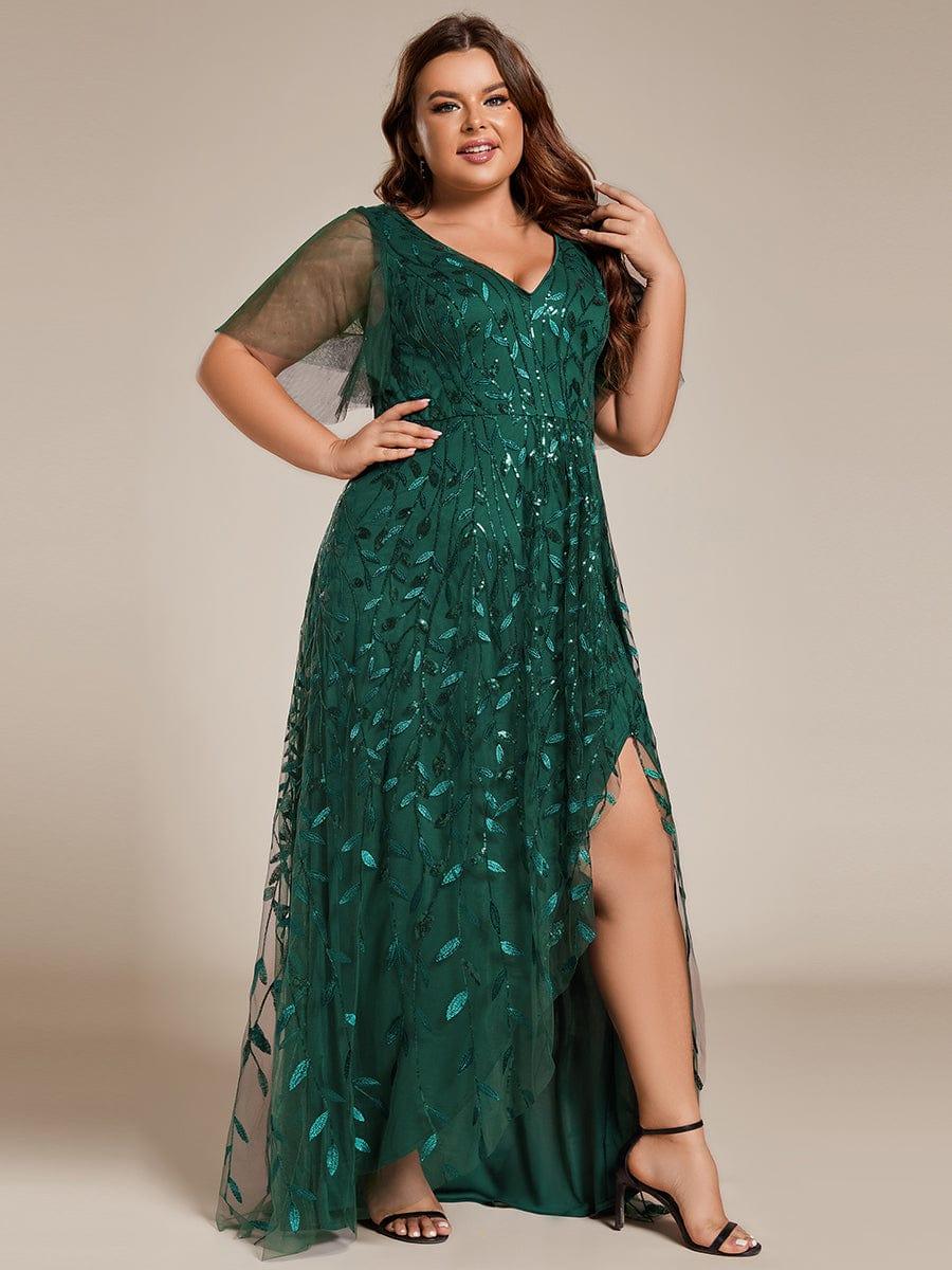 Classic Plus Size Hi-Lo Sequin V-Neck Formal Evening Dress with Short Sleeves