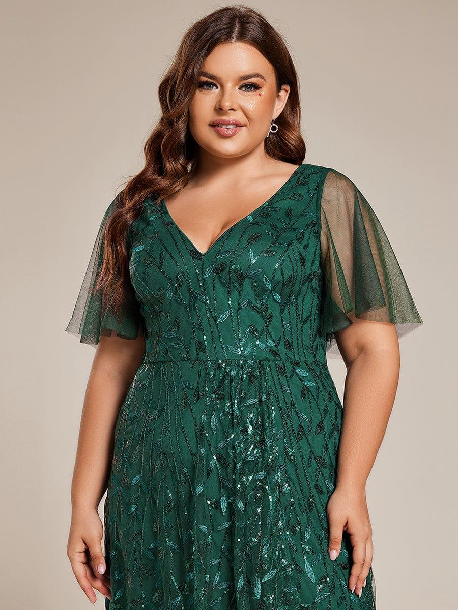 Classic Plus Size Hi-Lo Sequin V-Neck Formal Evening Dress with Short Sleeves