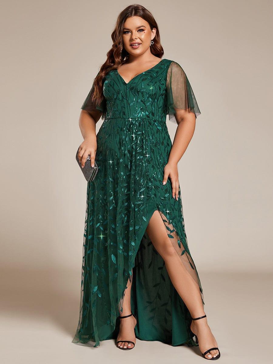 Classic Plus Size Hi-Lo Sequin V-Neck Formal Evening Dress with Short Sleeves