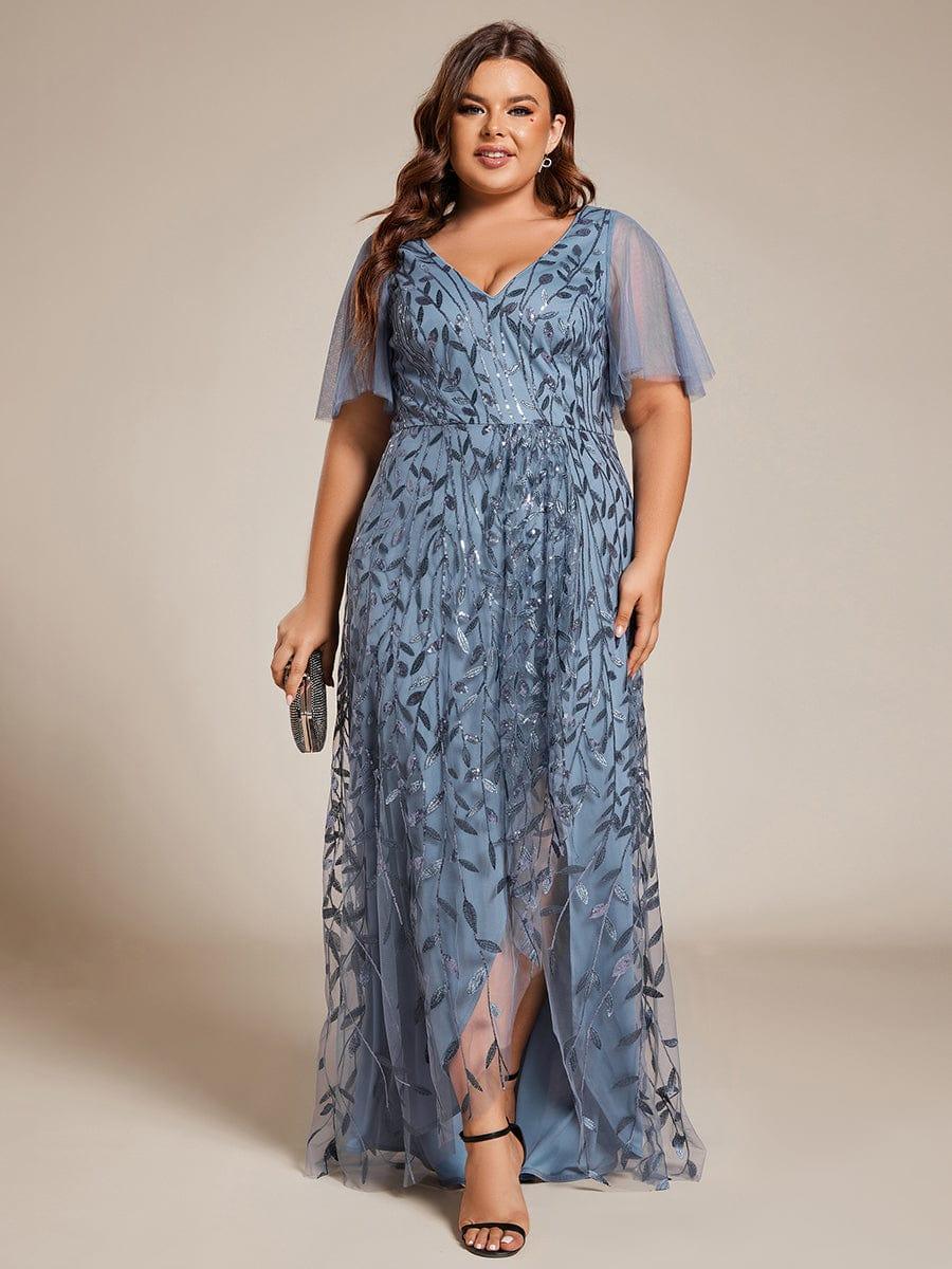 Classic Plus Size Hi-Lo Sequin V-Neck Formal Evening Dress with Short Sleeves