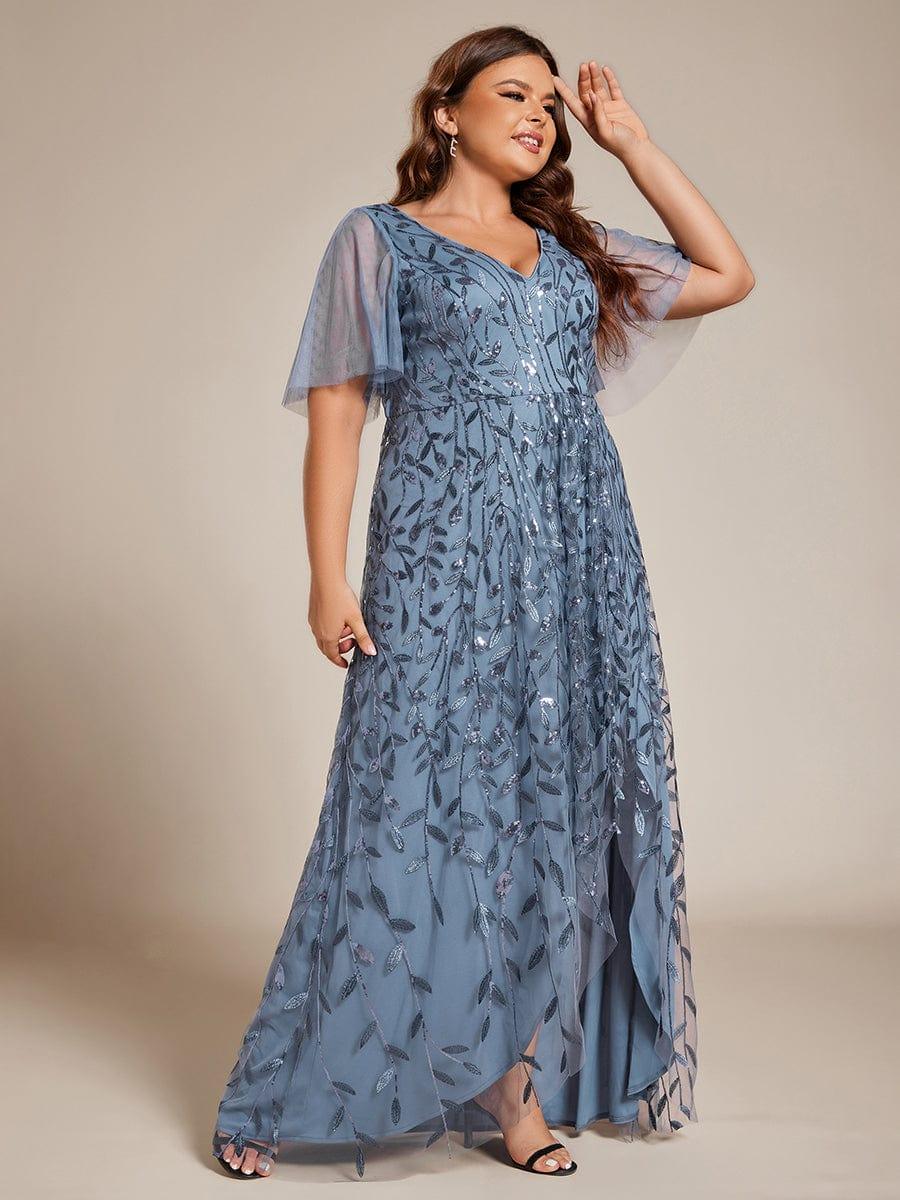 Classic Plus Size Hi-Lo Sequin V-Neck Formal Evening Dress with Short Sleeves